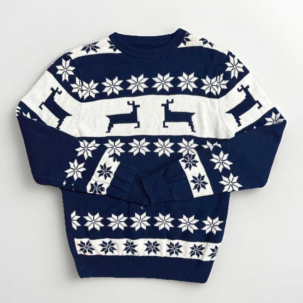 Unisex Reindeer Ugly Christmas Sweater Size Medium (M) Holiday Navy Blue & White